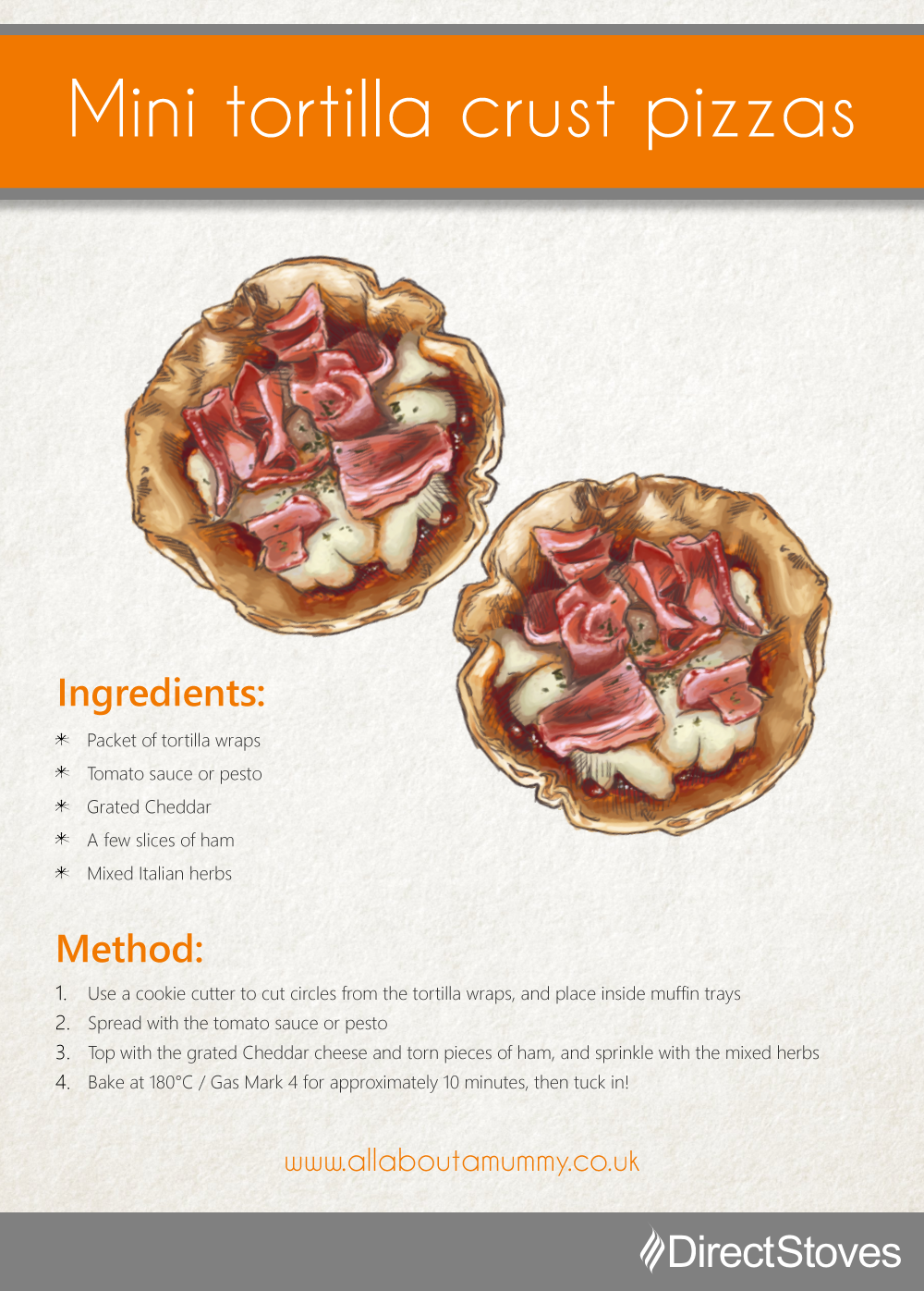 Pizza recipe card: Mini tortilla crust pizzas