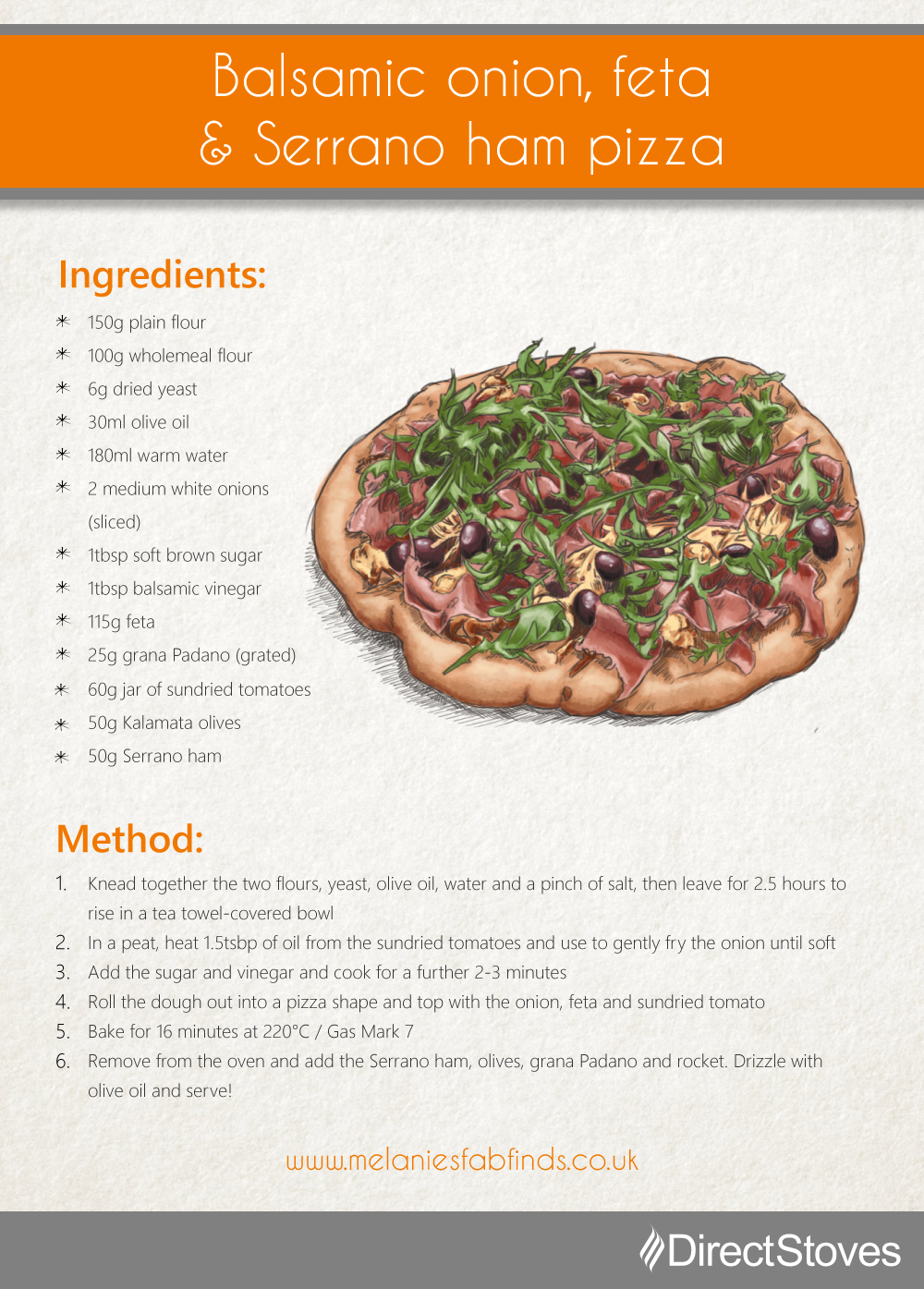 Pizza recipe card: Balsamic onion, feta & Serrano ham pizza