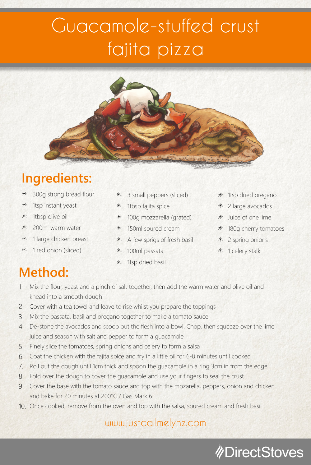 Pizza recipe card: Guacamole-stuffed crust fajita pizza 